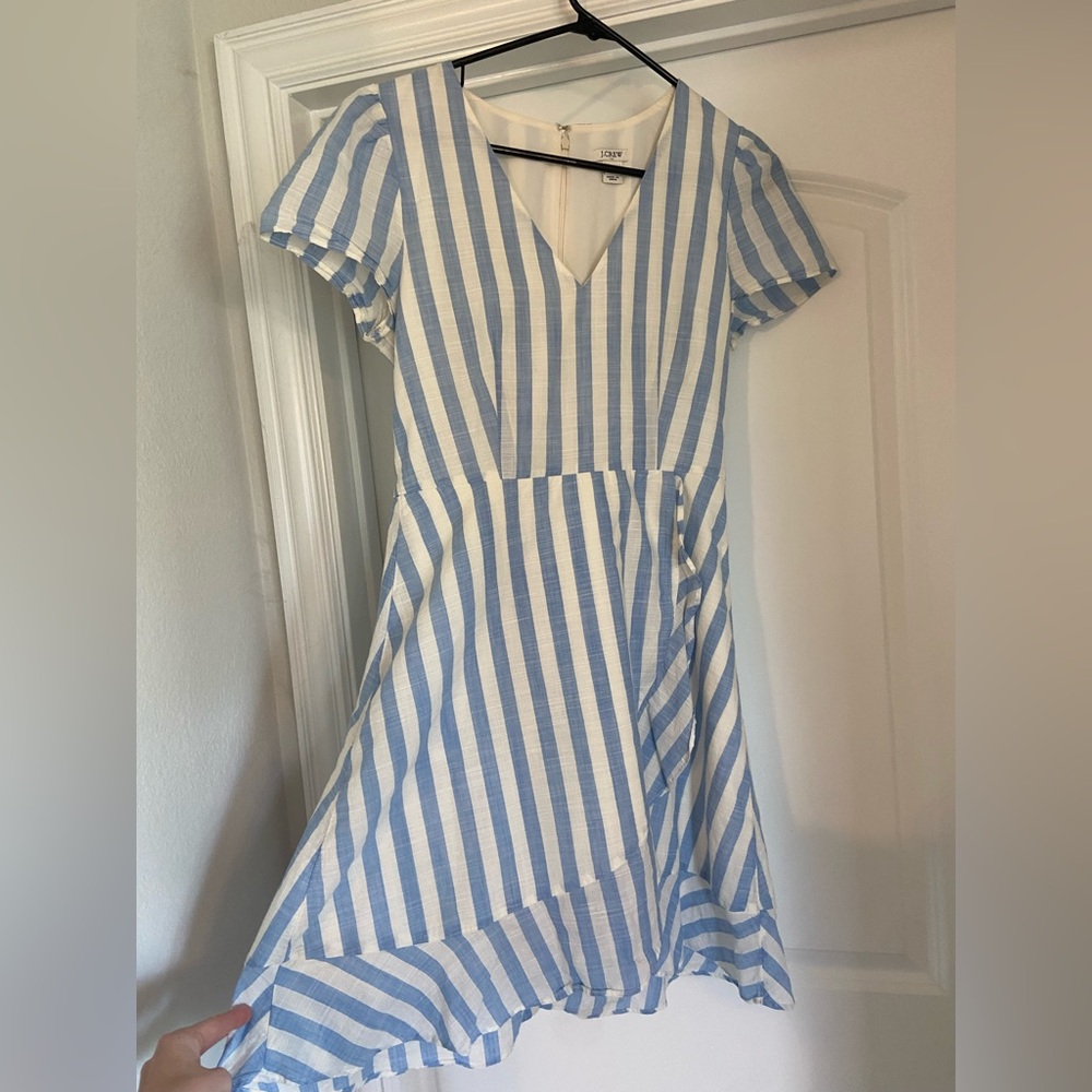 J. Crew Light Blue and White V-Neck Dress with Ruffle